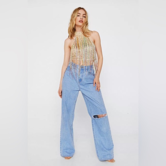 Nasty gal tassel beaded halter top size 4 NYE TOP - Picture 2 of 5